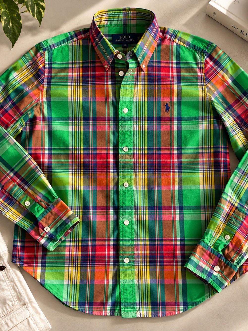 Ralph Lauren Sport Womens Plaid Button Down Shirt Size 14 Green Madras Cotton - Picture 2 of 8